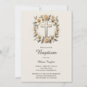 エレガントな花のクロス 男女兼用 洗礼招待状 招待状 (正面)
