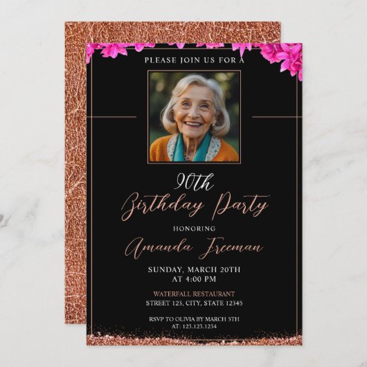 エレガントな花のグリッター90歳の誕生日 招待状 (正面/裏面)