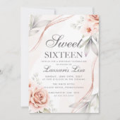 エレガントな花のグリッター スウィート シックスティーン 16歳の誕生日 招待状 (正面)