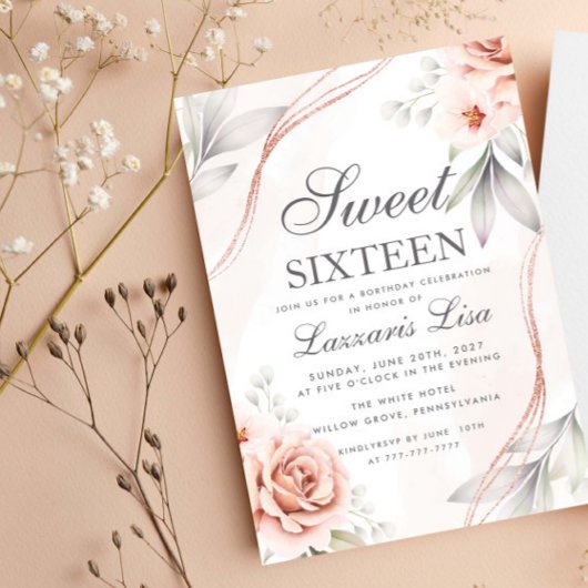 エレガントな花のグリッター スウィート シックスティーン 16歳の誕生日 招待状