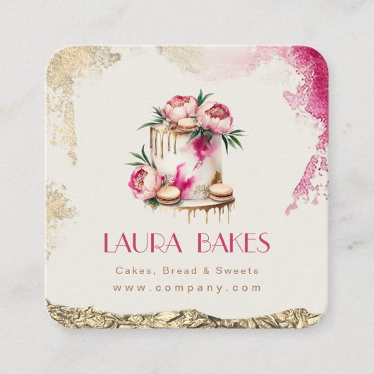 エレガントな花のケーキデザイン（ゴールドアクセント付き） スクエア名刺 (正面)