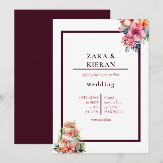 エレガントな花のケーキトロピカルウェディング 招待状 (正面/裏面)