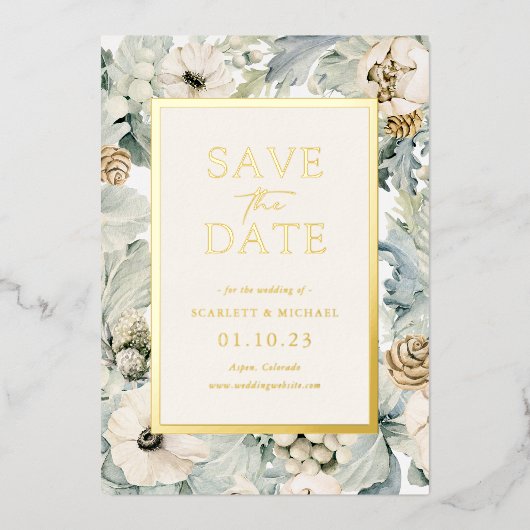 エレガントな花のゴールドの結婚式 箔招待状 (正面)