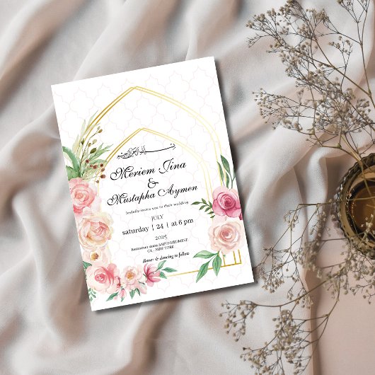 エレガントな花のゴールドアーチムスリムウェディング 招待状