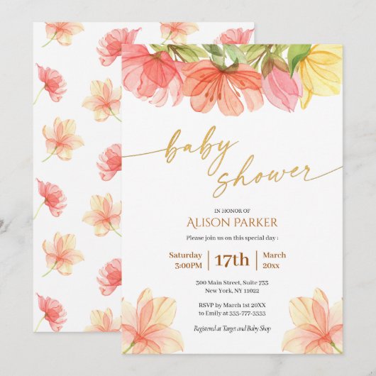 エレガントな花のゴールドスクリプト水彩グリーン 招待状 (正面/裏面)