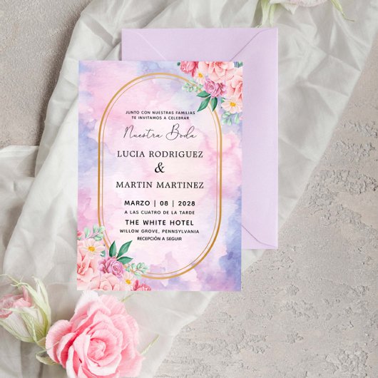 エレガントな花のゴールドパープル水彩画 私たちの結婚式 招待状