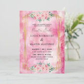 エレガントな花のゴールドピンク水彩画 私たちの結婚式 招待状 (スタンド正面)