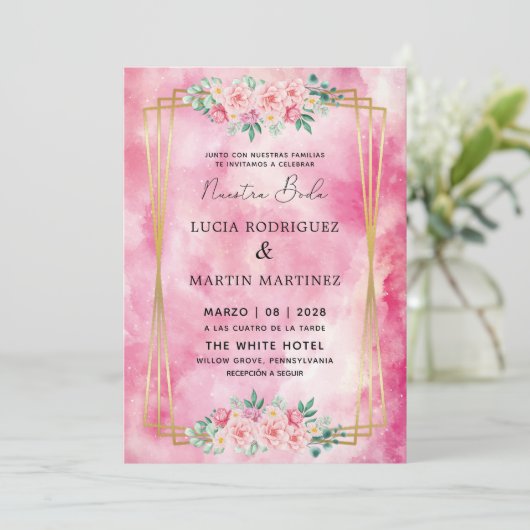 エレガントな花のゴールドピンク水彩画 私たちの結婚式 招待状 (スタンド正面)