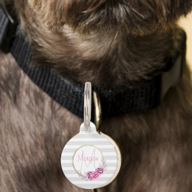 エレガントな花のゴールドボーダーストライプのイニシャル ペット　ネームタグ (Elegant Floral Gold Border Stripes Monogram Pet ID Tag)