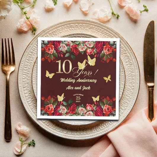 エレガントな花のゴールド 10周年結婚記念日 スタンダードカクテルナプキン