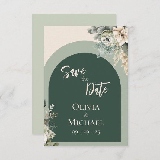 エレガントな花のサージグリーン結婚式のSave the Date セーブザデート (正面/裏面)