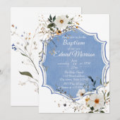 エレガントな花のダスティーブルーの洗礼 招待状 (正面/裏面)