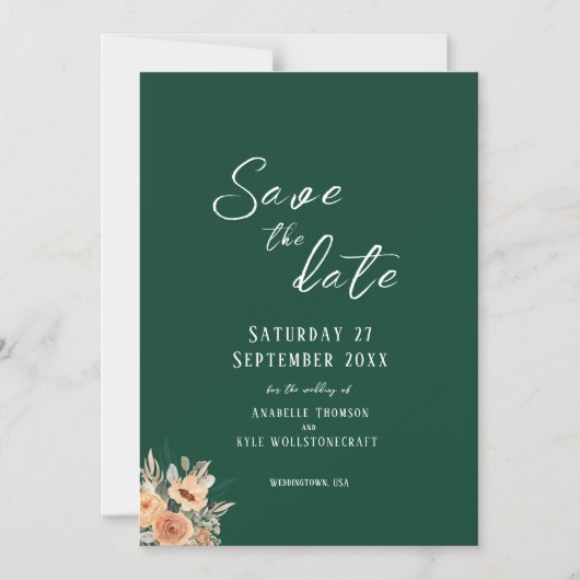 エレガントな花のダークグリーン Save the Date マグネット招待状 (正面)