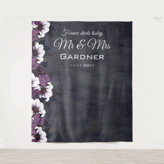 エレガントな花のダークパープルの結婚式写真用背景 タペストリー (正面)