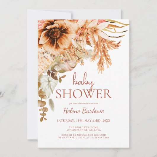 エレガントな花のテラコッタ秋のベイビーシャワー 招待状 (正面)