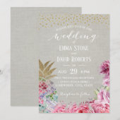 エレガントな花のデザインとパイナップルがテーマのトロピカルなウェディングパーティー 招待状 (正面/裏面)