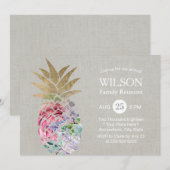 エレガントな花のデザインのパイナップル ファミリー リユニオン 招待状 (正面/裏面)