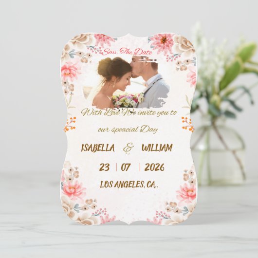 エレガントな花のデザインの結婚式お知らせカード セーブザデート (スタンド正面)