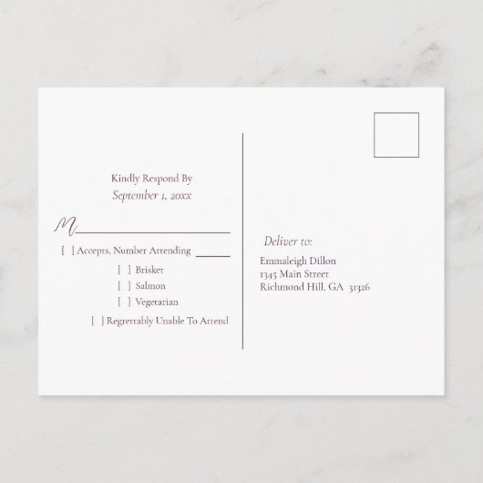 エレガントな花のデザイン | 結婚式の出欠確認 招待状 ポストカード (裏面)