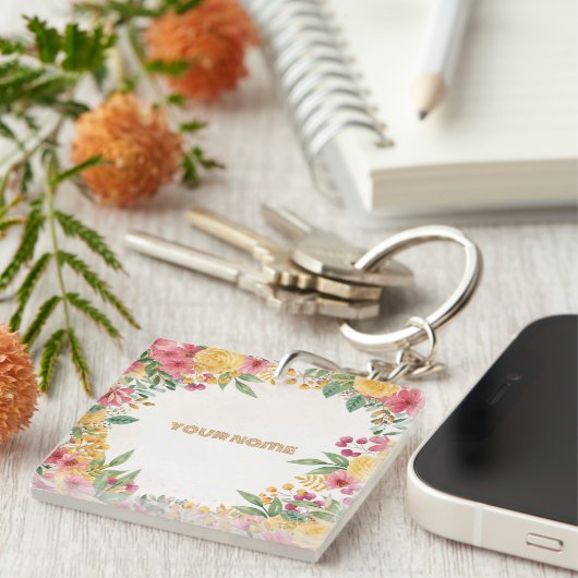 エレガントな花のデュアルネーム ブライダルシャワー招待状 キーホルダー (正面右)