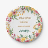 エレガントな花のデュアルネーム ブライダルシャワー招待状 ペーパープレート (正面)