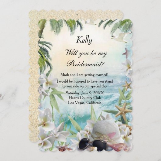 エレガントな花のトロピカルビーチウェディングブライズメイド 招待状 (正面/裏面)