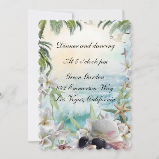 エレガントな花のトロピカルビーチウェディングレセプション 招待状 (正面)
