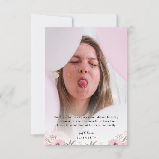 エレガントな花のハートスクリプト2枚の写真の感謝カード サンキューカード (裏面)