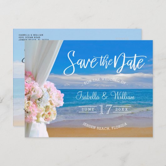 エレガントな花のビーチサマーウェディング・セーブ・ザ・デート 案内ポストカード (正面/裏面)