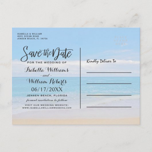 エレガントな花のビーチサマーウェディング・セーブ・ザ・デート 案内ポストカード (裏面)