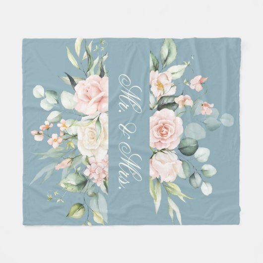 エレガントな花のピンクとブルーの水彩画のMr. & Mrs. フリースブランケット (正面(横))
