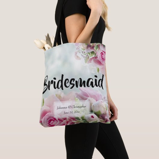 エレガントな花のピンクのバラの新婦付添人の結婚式 トートバッグ (クローズアップ)