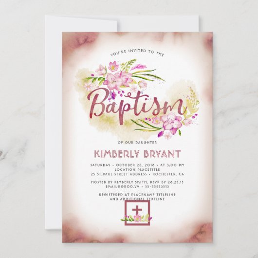 エレガントな花のピンクの女の子の洗礼 招待状 (正面)