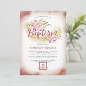 エレガントな花のピンクの女の子の洗礼 招待状 (スタンド正面)