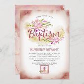 エレガントな花のピンクの女の子の洗礼 招待状 (正面/裏面)