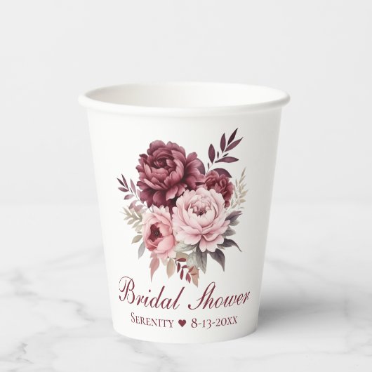 エレガントな花のピンクの水彩絵の具の芍薬の花のウェディングシャワー 紙コップ (正面)