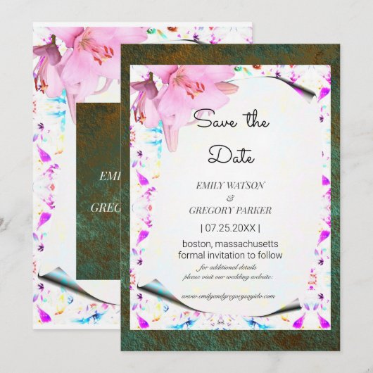 エレガントな花のフレームにグリージーパティーナの背景 セーブザデート (正面/裏面)