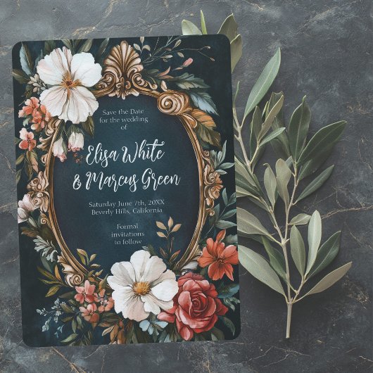 エレガントな花のフレーム ヴィンテージ ウェディング 婚約 カスタム セーブザデート