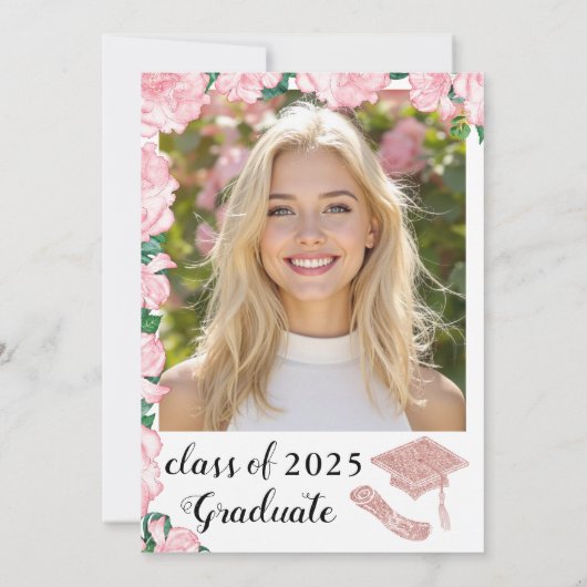 エレガントな花のブッシュ ピンクとホワイトのグラデーション 卒業式 招待状 (裏面)