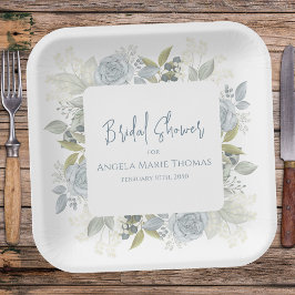 エレガントな花のブライダルシャワー ダスティーブルーのバラ ペーパープレート