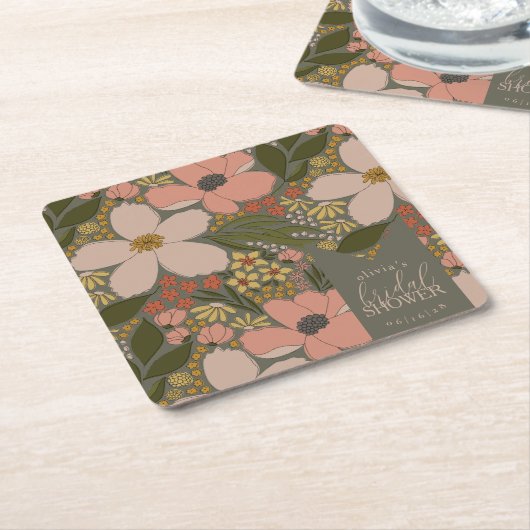 エレガントな花のブライダルシャワー パーソナライズド スクエアペーパーコースター (アングル)