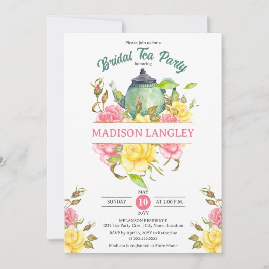 エレガントな花のブライダルティーパーティー 招待状 (正面)