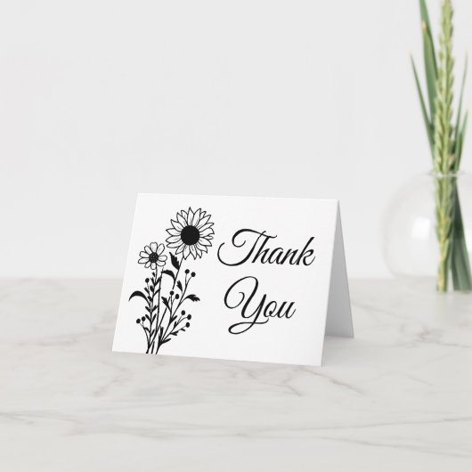 エレガントな花のブラック&ホワイトの野生の花の結婚式の感謝カード サンキューカード (正面)