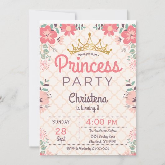 エレガントな花のプリンセスの誕生日のパーティの招待状 招待状 (正面)