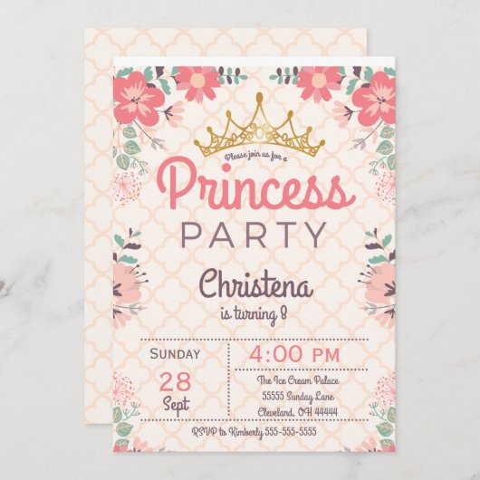 エレガントな花のプリンセスの誕生日のパーティの招待状 招待状 (正面/裏面)