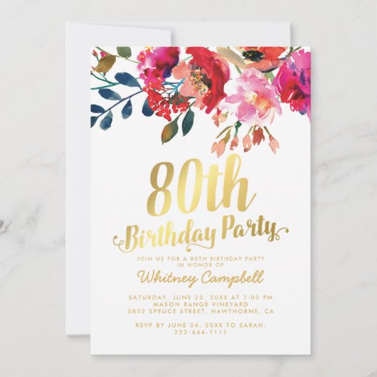 エレガントな花のホワイトゴールド 80歳の誕生日パーティー 招待状 (正面)
