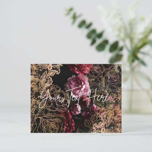 エレガントな花のポストカード ブラックレザー ローズ ゴールド ポストカード (スタンド正面)