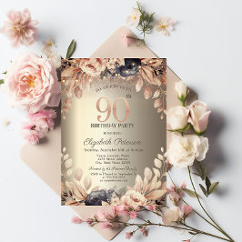 エレガントな花のモチーフとストリングライトの90歳の誕生日 招待状