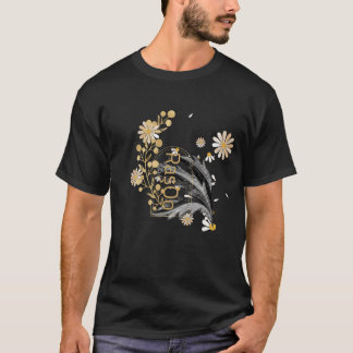エレガントな花のラインアートボタニカル黒Tシャツ Tシャツ