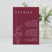 エレガントな花のラインアート ボルドーの結婚式の詳細 エンクロージャーカード (スタンド正面)